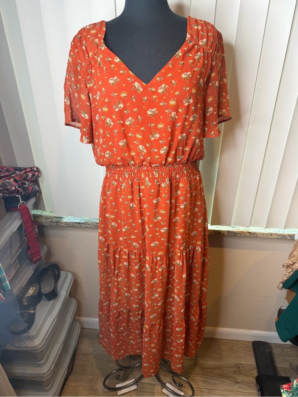 Luxology tiered maxi dress burnt orange floral print smocked waistband SZ Large
